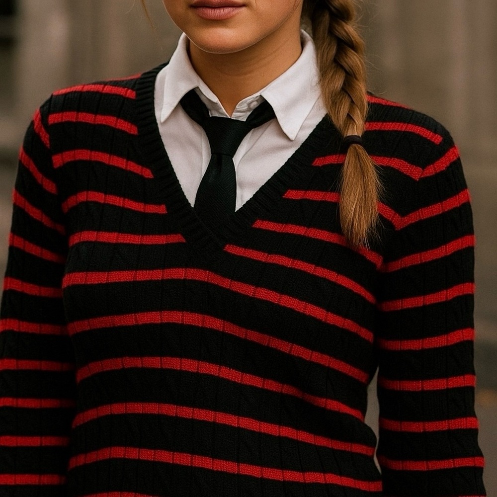 Lauren Ralph Lauren Cable Knit Red & Black Striped V-neck Sweater Preppy Y2K